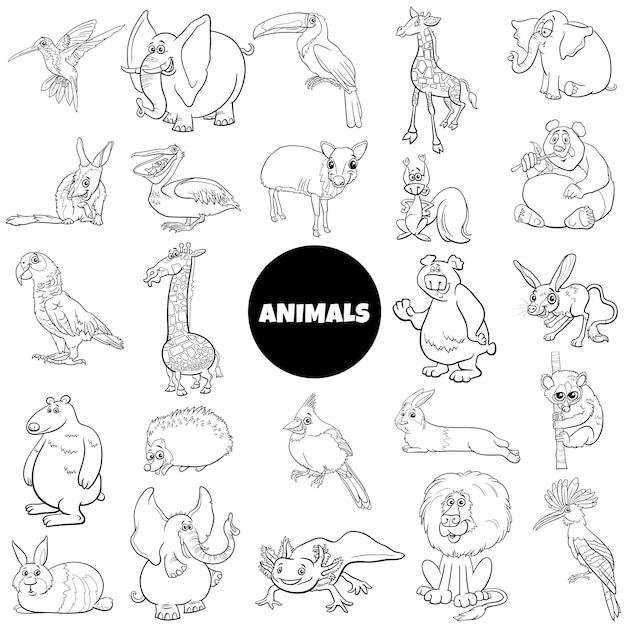 Conjunto grande de personajes de animales de dibujos animados en blanco y negro