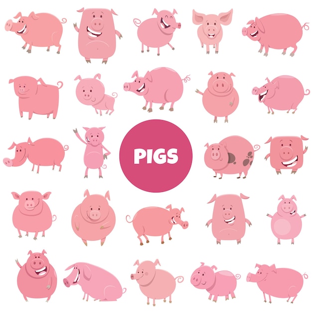 Conjunto grande de personajes de animales de granja de cerdos divertidos de dibujos animados