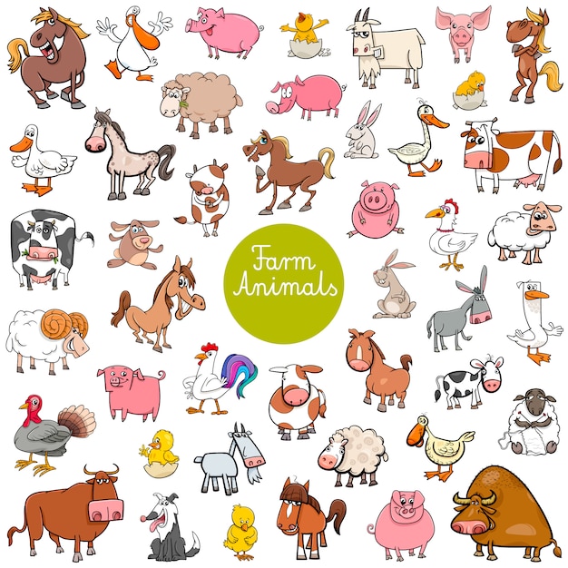 conjunto grande de personajes de animales de granja de dibujos animados
