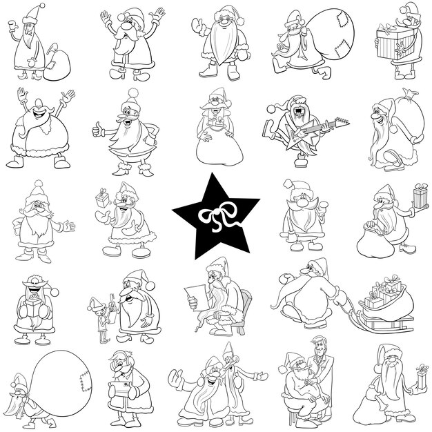 Conjunto grande de personajes de dibujos animados en blanco y negro de Santa Claus