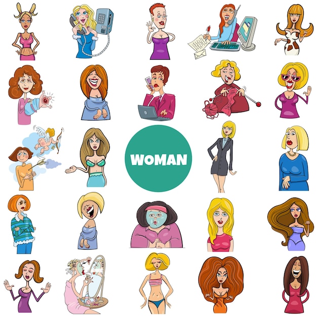 Conjunto grande de personajes de mujeres y niñas de dibujos animados