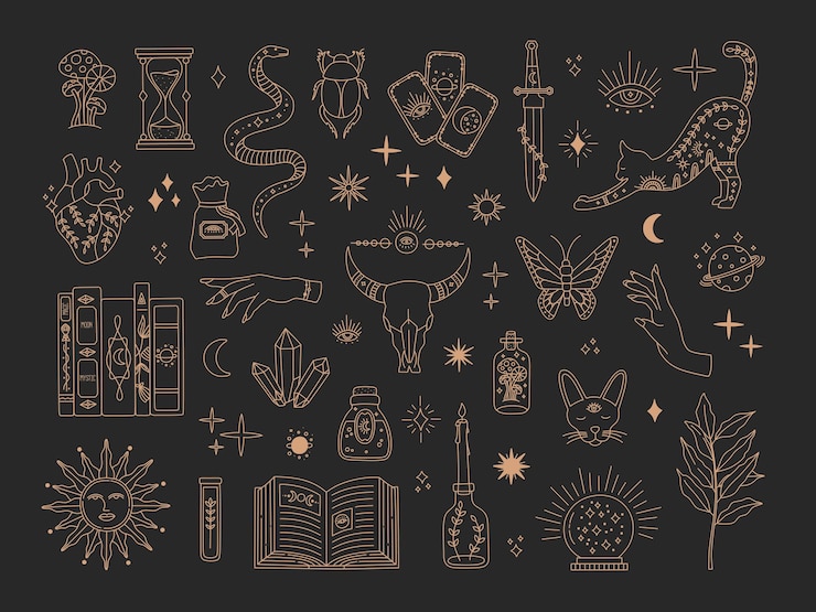 Vector conjunto grande sagrado de brujería, colección de líneas doradas de símbolos mágicos místicos, estilo boho moderno