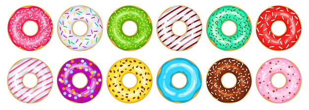 Conjunto grande de vector de donas. Los donuts verdes, blancos, rojos, chocolate, rosa, amarillo, verde, azul, morado y menta están decorados con chispas dulces. Dulces de dibujos animados. Ilustración de donas brillantes aislado en blanco.