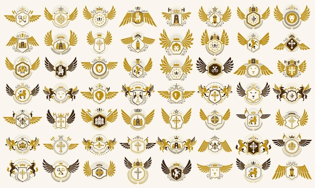 Conjunto grande vectorial de emblemas heráldicos antiguos, insignias simbólicas heráldicas antiguas y colección de premios, elementos de diseño de estilo clásico, emblemas familiares.