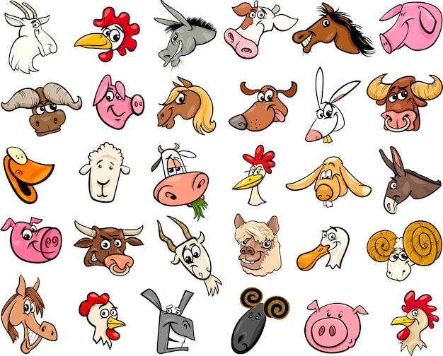 conjunto de grandes cabezas de dibujos animados de animales de granja