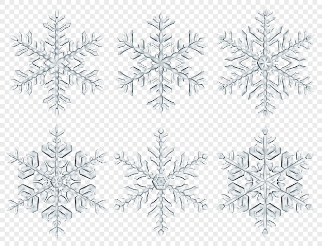 Conjunto de grandes y complejos copos de nieve de Navidad translúcidos en colores grises aislados en un fondo transparente