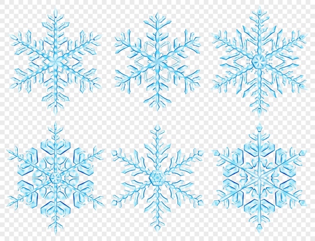 Conjunto de grandes copos de nieve de Navidad translúcidos complejos en colores azul claro, aislado sobre fondo transparente. Transparencia solo en formato vectorial
