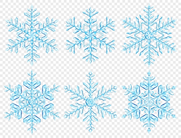 Conjunto de grandes copos de nieve de navidad translúcidos complejos en colores azul claro, aislado sobre fondo transparente. transparencia solo en formato vectorial