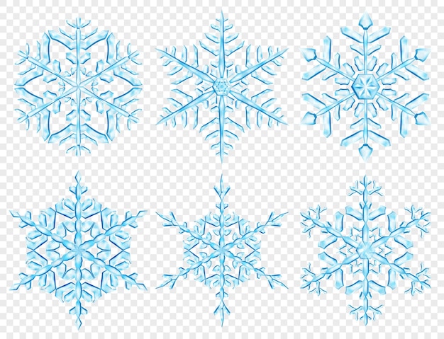 Conjunto de grandes copos de nieve de Navidad translúcidos complejos en colores azul claro, aislado sobre fondo transparente. Transparencia solo en formato vectorial