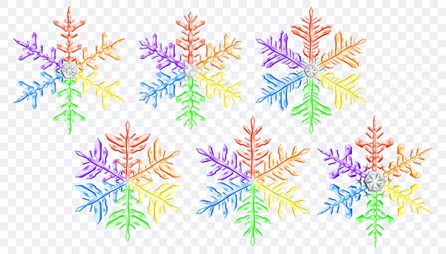 Conjunto de grandes copos de nieve de Navidad translúcidos complejos en colores lgbt, aislado sobre fondo transparente. Transparencia solo en formato vectorial