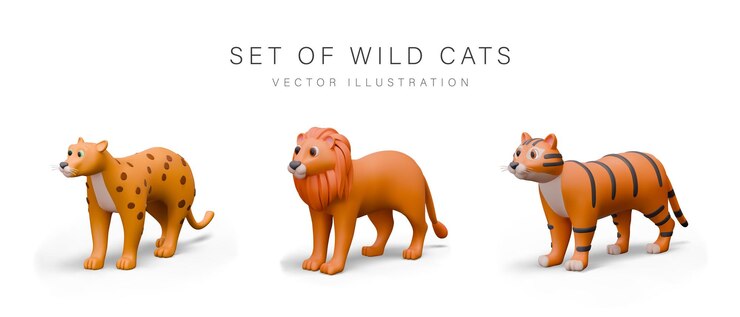 Vector conjunto de grandes gatos salvajes en estilo de dibujos animados en 3d leopardo león tigre