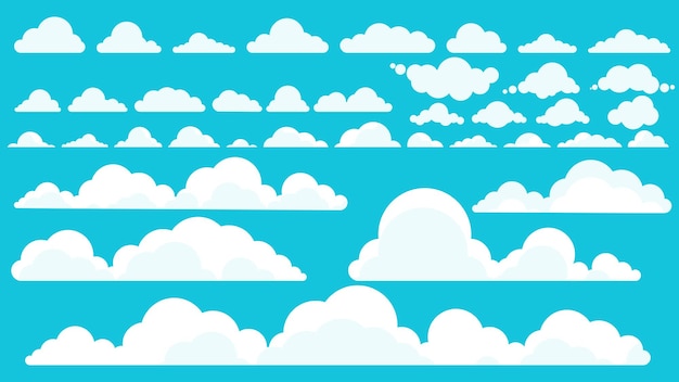 Conjunto de grandes nubes blancas de lluvia en un estilo plano sobre un fondo azul.