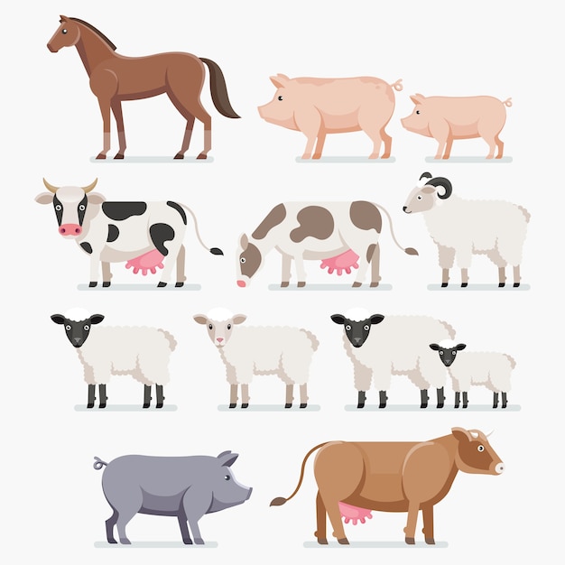 Conjunto de granja de animales. El caballo, cerdo, vaca, cabra y oveja.
