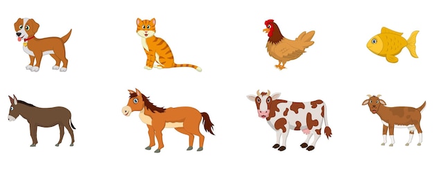 Conjunto de granja con animales, mascotas aisladas en una ilustración de vector de fondo blanco.