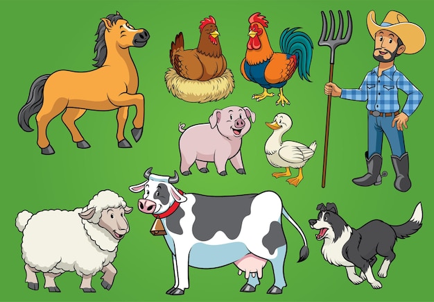 Vector conjunto de granja de granjeros y animales.