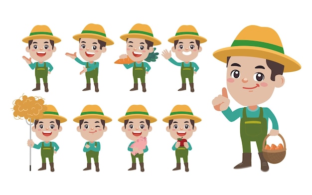 Conjunto de granjero con diferentes poses.