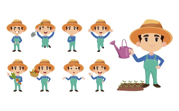 Conjunto de granjero y jardinero con diferentes poses.