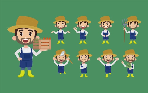 Conjunto de granjero y jardinero con diferentes poses.