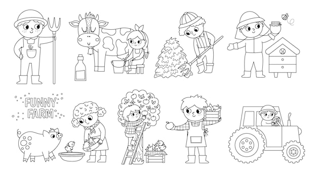 Conjunto de granjeros en blanco y negro vectorial Niños lindos haciendo trabajo agrícola Esquema rural Escenas campestres Niños recolectando heno alimentando animales ordeñando vacas Granja para colorear páginasxA