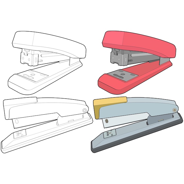 Conjunto de grapadora en estilo de arte vectorial aislado en grapadora de fondo blanco en estilo de arte vectorial para colorear libro