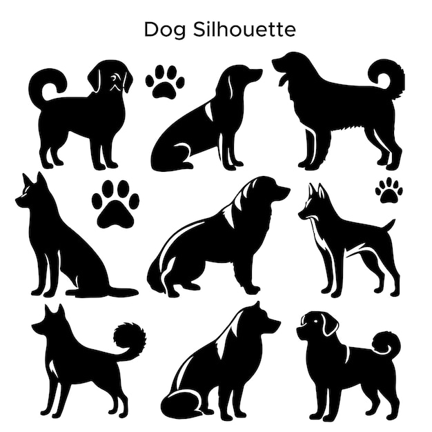 Conjunto gratuito de siluetas de perros en blanco y negro