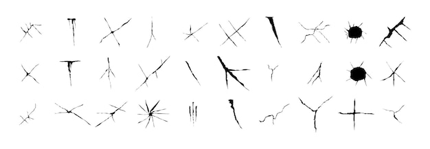 Vector conjunto de grietas de vidrio ilustración de vector de pared de vidrio agrietado dibujado a mano