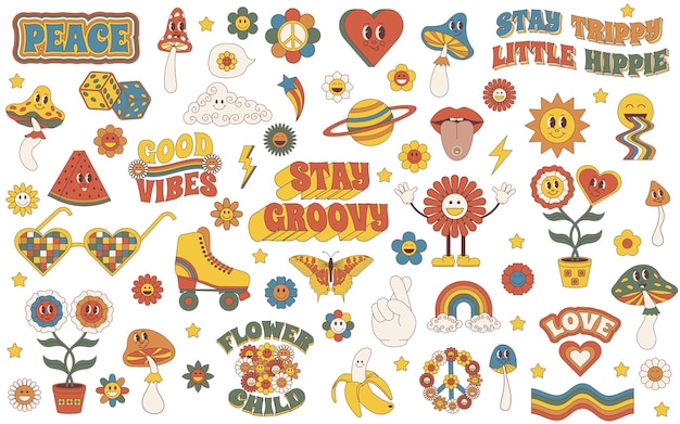 Vector conjunto groovy hippie de los años 70 conjunto sticker en un estilo de dibujos animados psicodélicos retro de moda