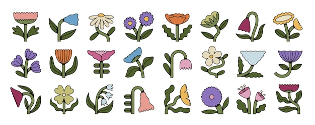 Conjunto de groovy iconos florales con contornos audaces y colores planos colección de flores folk retro perfecto