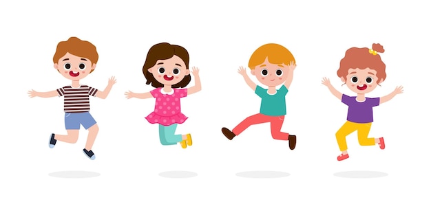 Vector conjunto de grupo niños saltando con alegría feliz niño de dibujos animados jugando aislado sobre fondo blanco vector