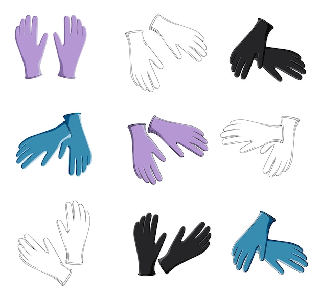 Vector un conjunto de guantes médicos de diferentes colores en diferentes posiciones de manos.