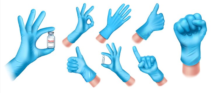 Conjunto de guantes protectores médicos de látex azul.