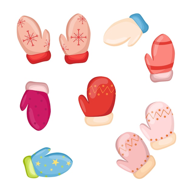 Un conjunto de guantes de punto brillantes Ilustración de dibujos animados de vector Horario de invierno