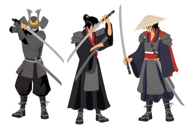 Conjunto de guerreros samuráis en estilo de dibujos animados Ilustración vectorial de guerreros Samuráis tradicionales japoneses en diferentes posturas y emociones con espadas aisladas sobre fondo blanco