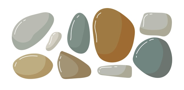 Conjunto de guijarros de playa. Varias formas diferentes colores. Vector ilustración moderna aislado en blanco