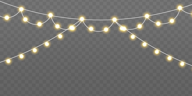 Conjunto de guirnalda brillante de Navidad dorada con chispas Bombillas de luz amarilla con destellos Lámpara de neón LED Vector