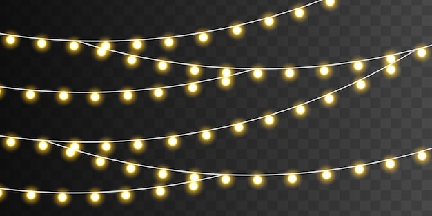 Conjunto de guirnalda brillante de Navidad dorada con chispas Bombillas de luz amarilla con destellos Lámpara de neón LED Vector