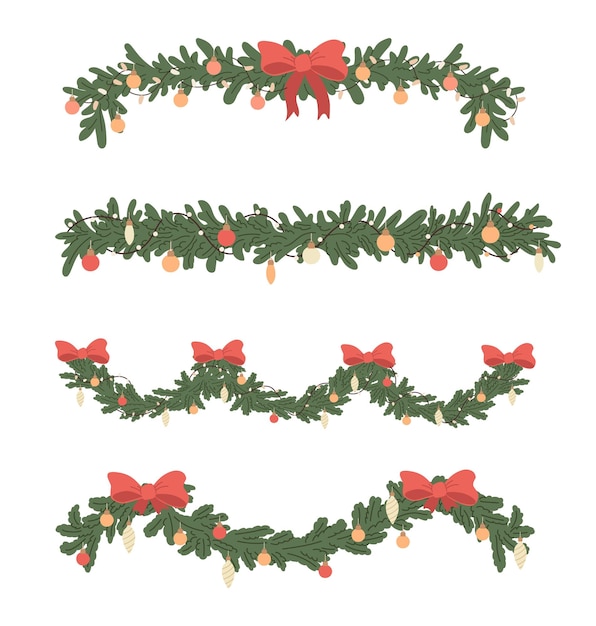Conjunto de guirnaldas de abeto de Navidad de dibujos animados frontera arco rojo y luz. Ramas de abeto de decoración de Navidad