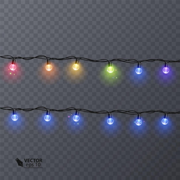 Conjunto de guirnaldas de colores, decoraciones festivas. Luces de Navidad brillantes aisladas.