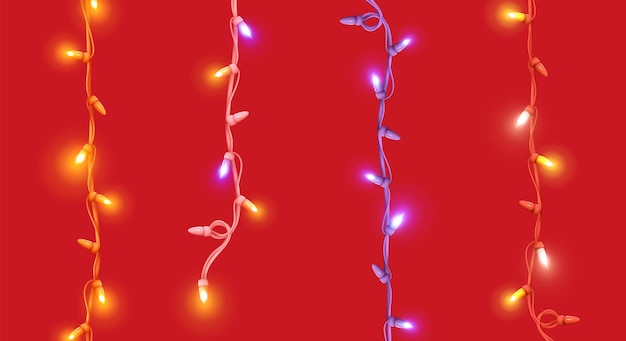 Conjunto de guirnaldas decorativas navideñas. Decoraciones de año nuevo. Tiras de luz con lámparas. Bombilla led de neón. Elementos de diseño de Navidad. Objetos festivos 3d realistas aislados. ilustración vectorial