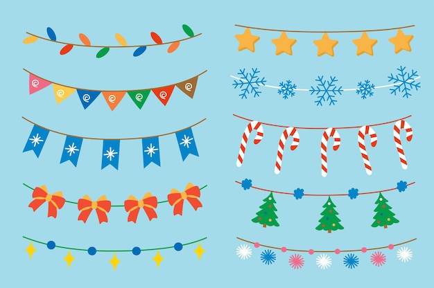 Conjunto de guirnaldas con diseño de dibujos animados planos. Pegatinas diseñadas con un tema navideño y un conjunto.