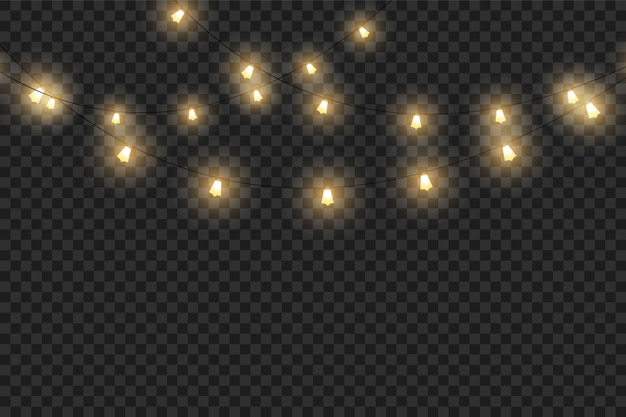 Conjunto de guirnaldas de lámparas de luz cálida, decoraciones navideñas. Brillantes luces de Navidad aisladas sobre fondo transparente. redondos, estrellas y bulbos pequeños.
