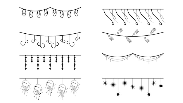 Conjunto de guirnaldas de línea simple negras Colección de banderas Elementos de dibujos vectoriales Esbozo de estilo de diseño aislado