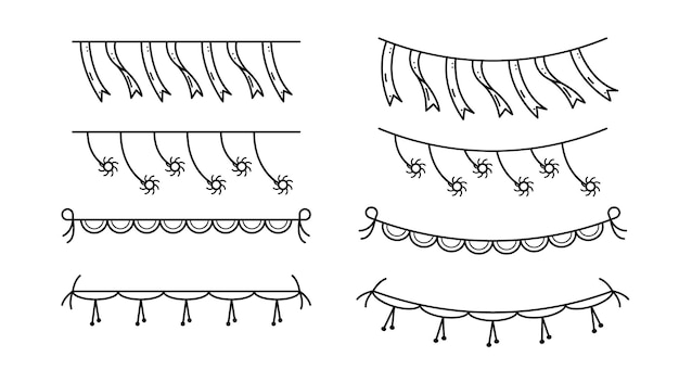 Vector conjunto de guirnaldas de línea simple negras colección de banderas elementos de dibujos vectoriales esbozo de estilo de diseño aislado