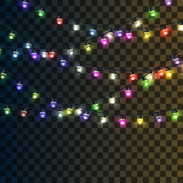 Vector conjunto de guirnaldas luminosas multicolores aislado en un transparente. luces de navidad.