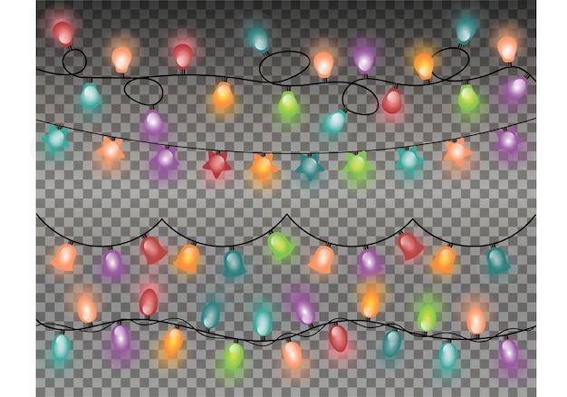 Conjunto de guirnaldas multicolores de bombillas en el árbol de Navidad