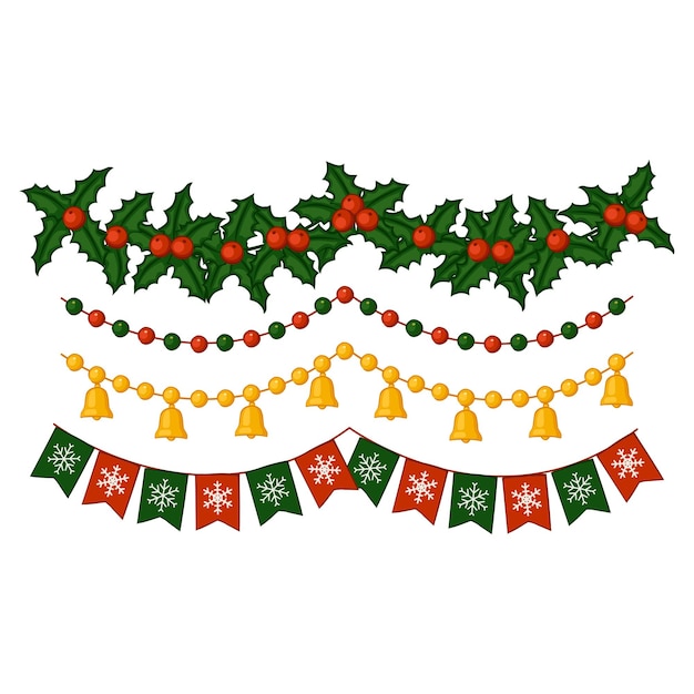 Conjunto de guirnaldas navideñas. Campanas, banderas, muérdago, cuentas. Elementos para la decoración festiva