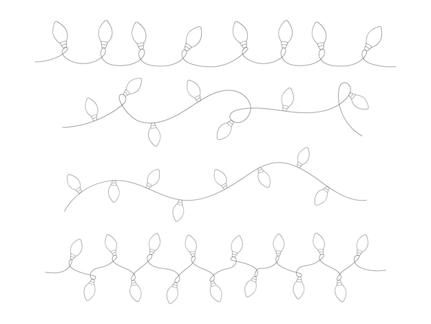 Conjunto de guirnaldas navideñas dibujadas con bombillas de Doodle Contorno de decoración navideña negra aislada en blanco Elemento de diseño festivo minimalista simple