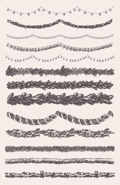 Conjunto de guirnaldas navideñas dibujadas a mano, elementos de diseño, ilustración vectorial