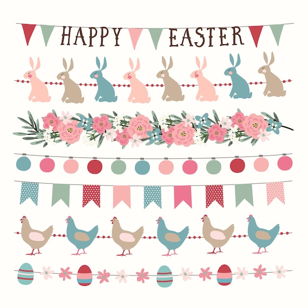 Vector conjunto de guirnaldas de pascua de primavera dibujadas a mano con banderas de empavesado de fiesta de luces bordes de banners web dibujados a mano con conejos gallinas huevos decorativos de aves ramas de olivo y flores objetos vectoriales aislados