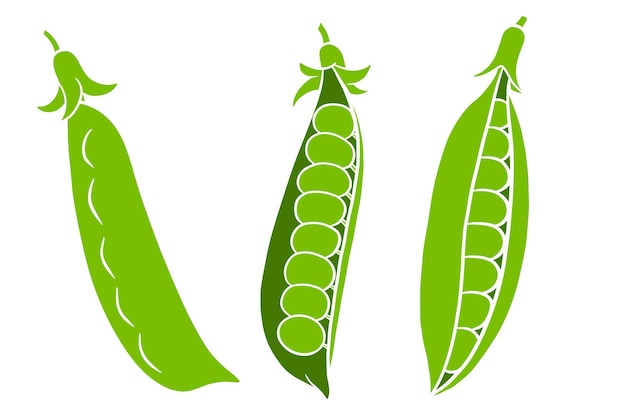 Conjunto de guisantes. Vainas de guisantes verdes cerradas y abiertas. En un estilo de dibujos animados. Ilustración de vector de diseño y decoración.